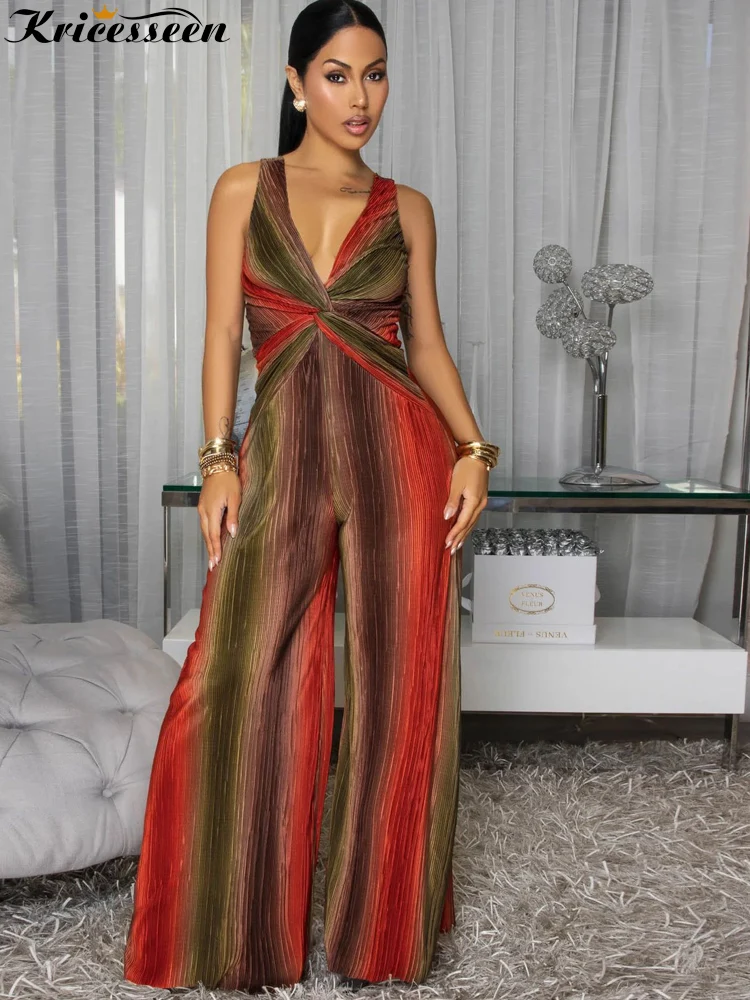 

Kricesseen Elegant Multi-Color Striped Sleeveless Jumpsuit Women's Deep V Neck Twist-Front Wide Leg Pantsuits Night Out Overalls