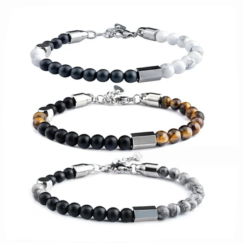 6mm Tiger Eye Beads Strand Bracelets Men Women Charm Stainless steel Chain Natural Stone Bracelet Male Jewelry Gift New