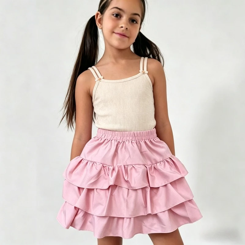 Girls Trendy Lace Up Sleeves Cake Shirts Camisole Tops Summer Big Girls Childrens Cotton Breathable T-shirt 2 Pcs Sets