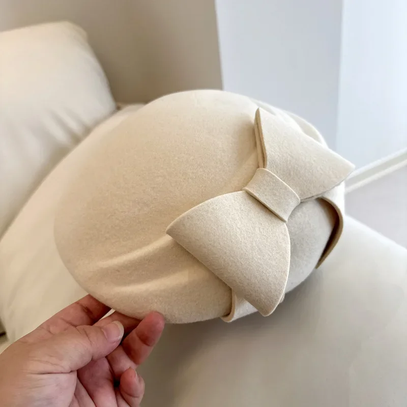 USPOP Elegant Stereotyped Bow Beret French Retro Big Bow Beret Hat for Women Autumn Winter Woolen Hat
