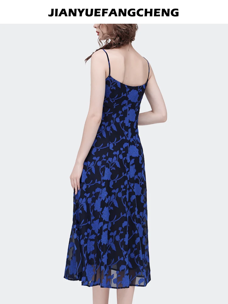 Vintage Embossed Floral Blue Chiffon Slip Dress Women Summer New High Waist A-line Backless Elegant Bodycon Long Party Dresses