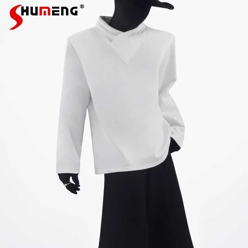 

Мужские осенние новые индивидуальные футболки 2024, полуводолазка, однотонные футболки, подплечники, свободные модные универсальные модные топы