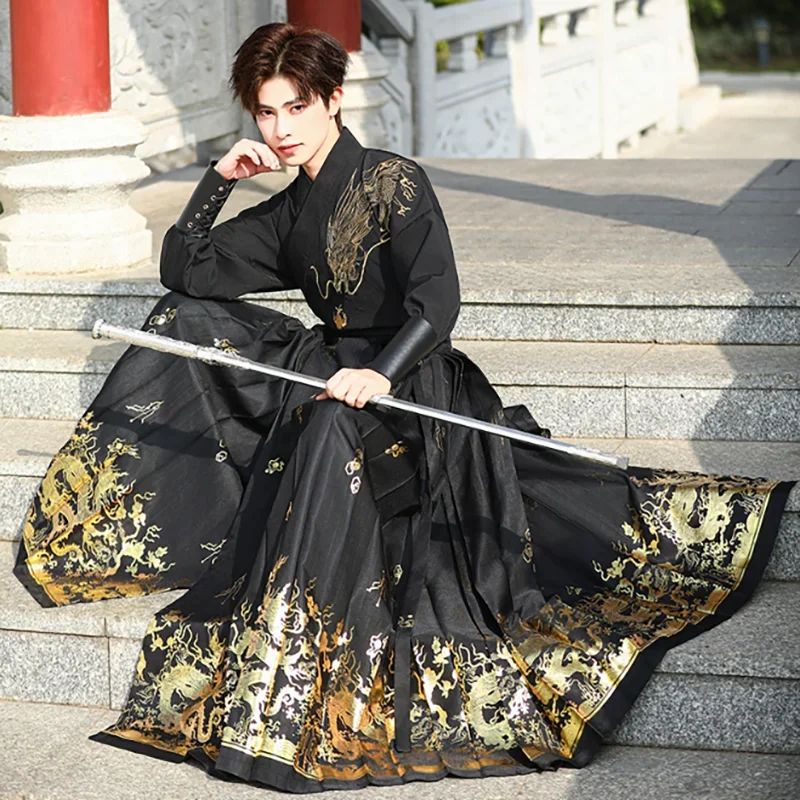 

Большой размер 4XL, китайская юбка Hanfu с лицом лошади, мужской праздничный наряд, винтажная черная рубашка Hanfu, плиссированная юбка для женщин 2025