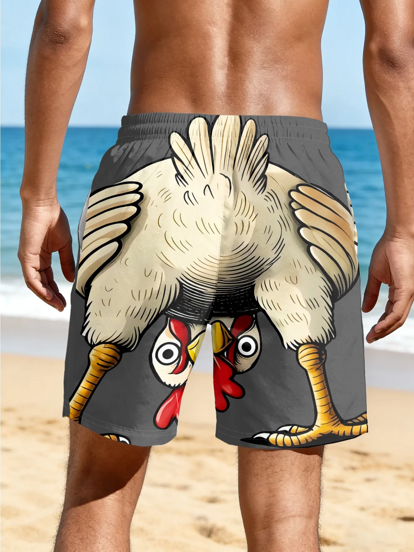 Men's 3D Funny Chicken Pattern Shorts, Fun Anime Visual Illustrations Printed Drawstring Elastic Waist Casual Beach Shorts