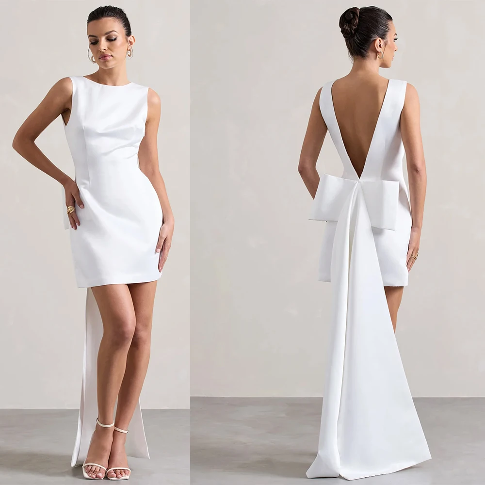

Bowith Mini Wedding Party Dresses for Bride Scoop Collar Sleeveless Backless Short Wedding Dresses Customized Bridal Gown