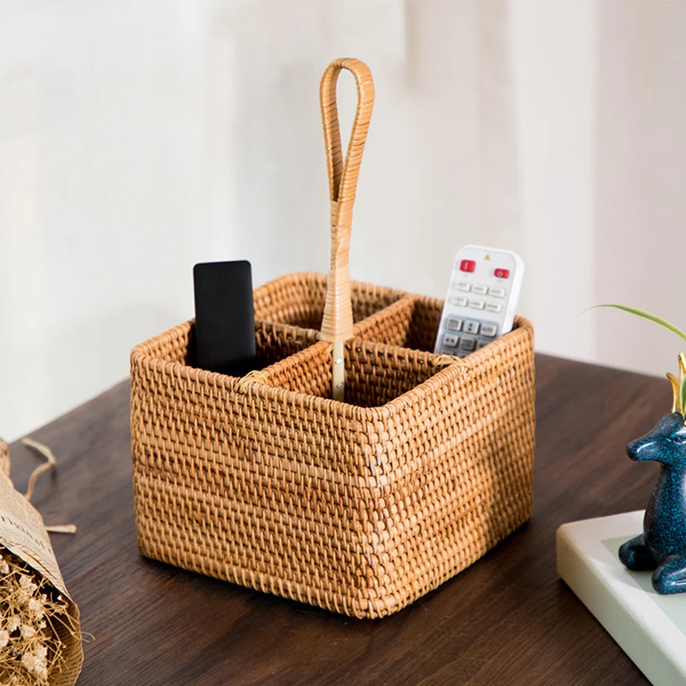 Hand Woven Rattan Storage Basket Household 4 Grid Storage Baskets Whit Handle Coffee Table Top Wine Glass Remote Control Storage