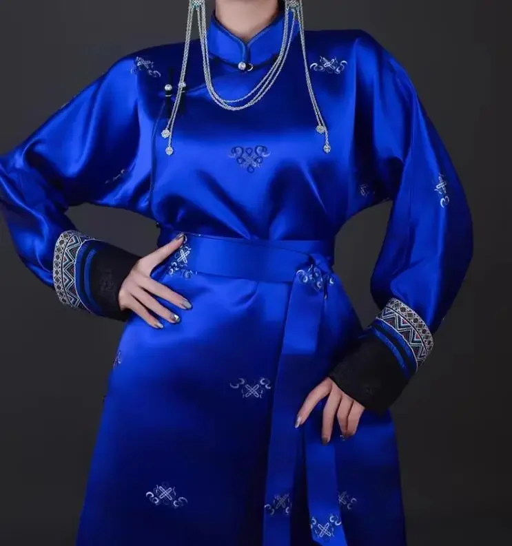 Chinese Satin Mongolian Robe Long Dress With Horseshoe Sleeves And Waistband For Women