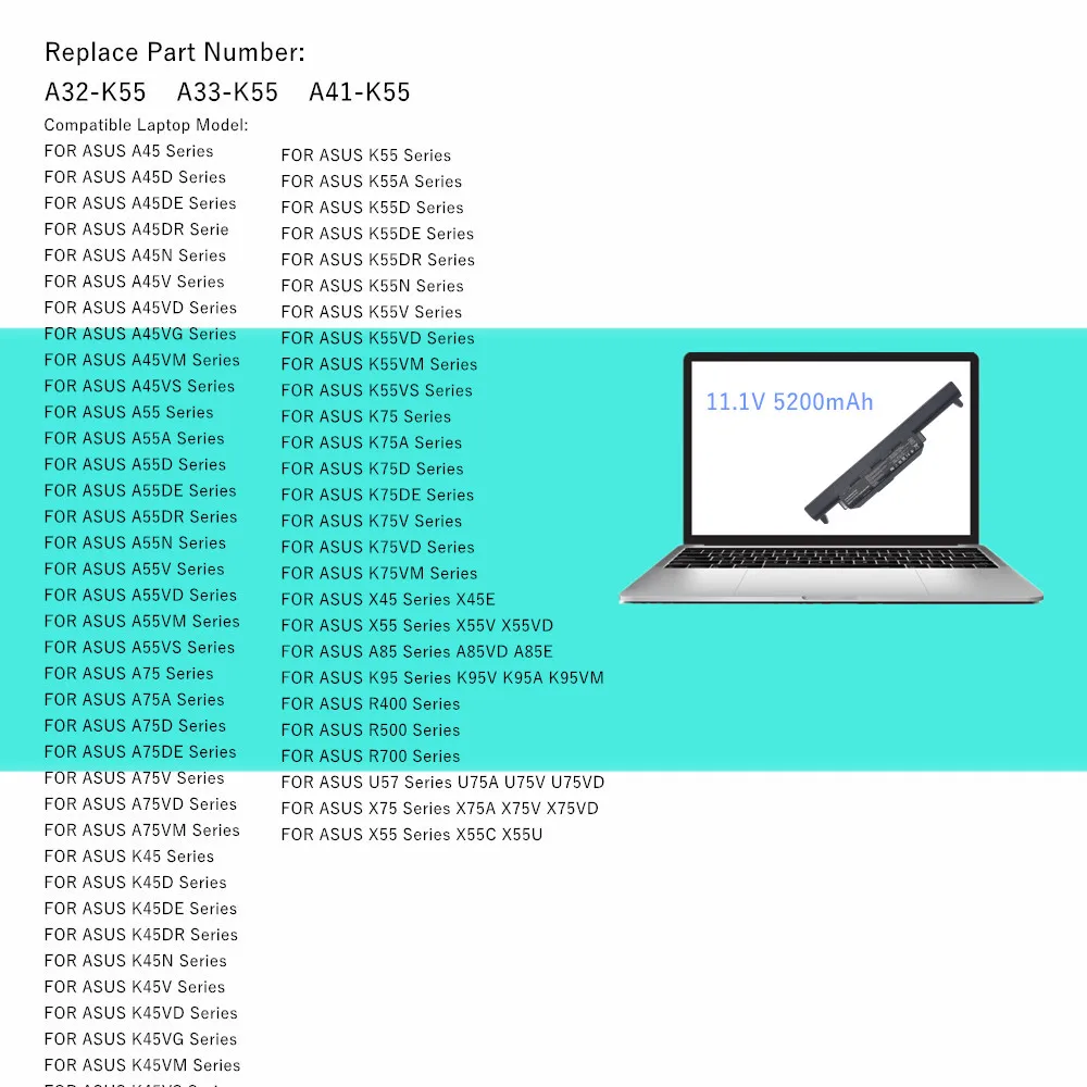Laptop A32-K55 battery for Asus A41-K55 K55 K55A K55D K55N K55V K75 K75A K75D K75V R400 R400D R400N R400V R500 R500A R500D R500V