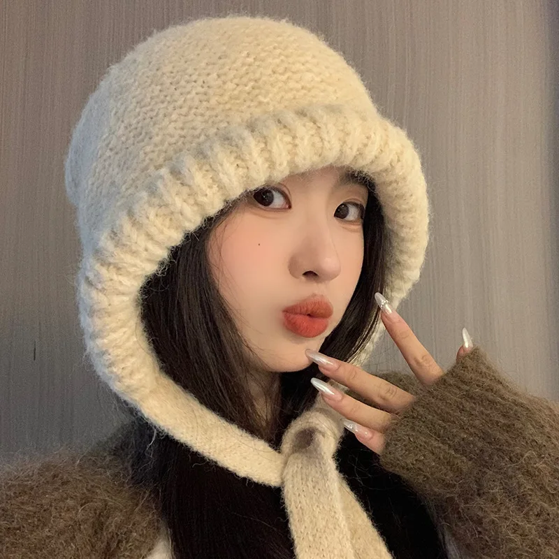 2024 Koreańska czapka zimowa Damska czapka zimowa Wełniane ciepłe czapki z dzianiny Jednokolorowa czapka bomberka Kominiarka Czapki Bonnet Ski Beanie Cap Hot