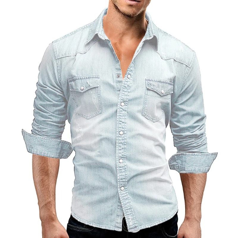 Men‘s Denim Button Down Slim Jeans Shirts Solid Color Long Sleeve Two Pockets Lapel Denim Tops Spring Casual Cowboy Design Shirt