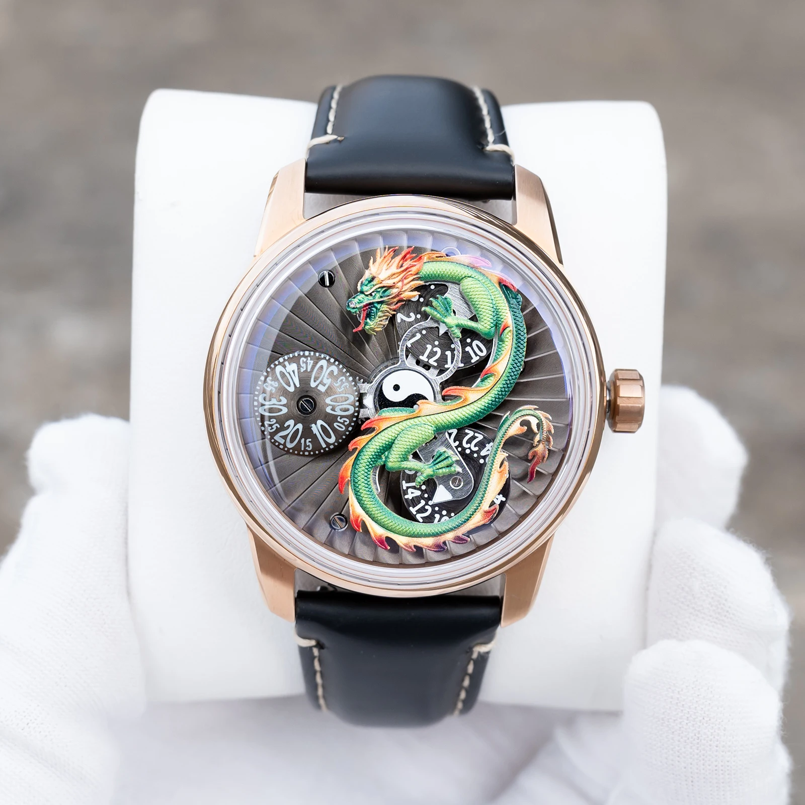OBLVLO Men's 3D Green Dragon Leather Mechanical Watch Rose Gold Case Waterproof Automatic Classic Watch M-DRAGON-DOU
