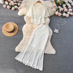 Chic Women Two-Piece Sets Slim O-neck Hook Flower Hollow Out Lace Top and Sexy Mermaid Skirt Korean High Street Summer Clothing