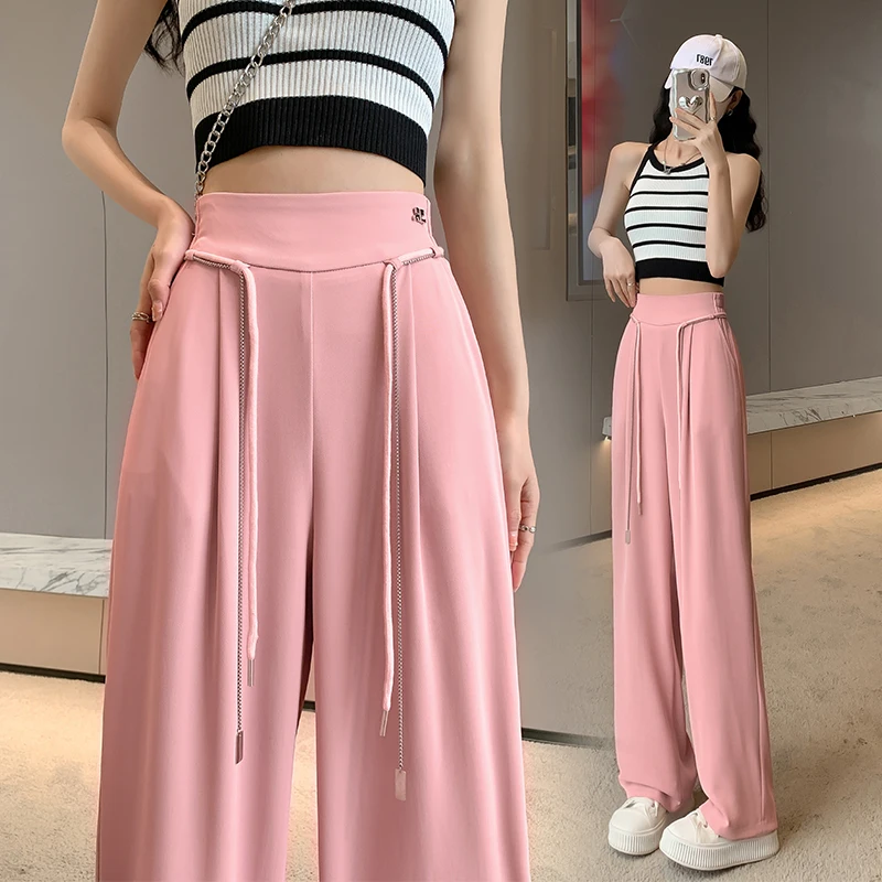 2023 Summer New Women\'s Fashion Temperament Solid Color Drawstring High Waist Casual Straight Loose Dragging Wide Leg Pants