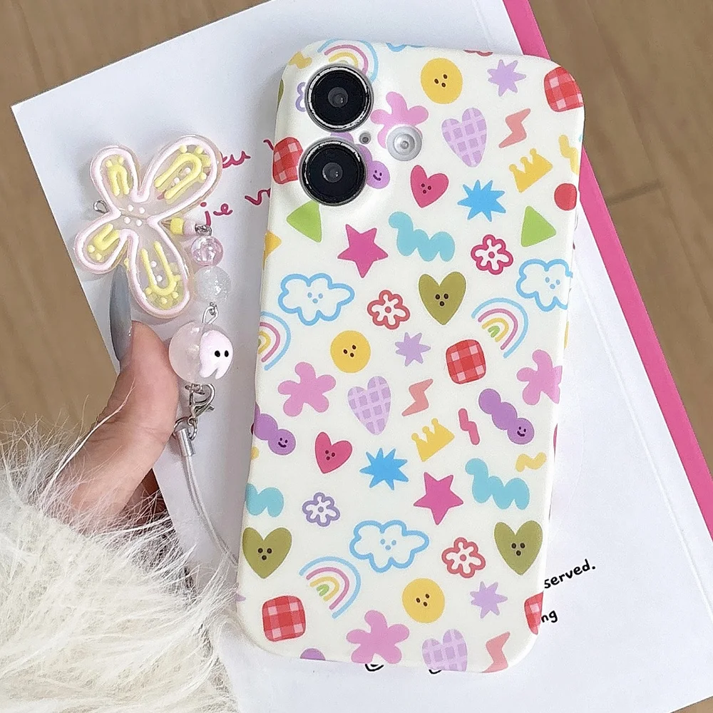 

New Korean INS Cartoon Dopamine Love Weather Print Phone Case For iPhone 16 15 14 13 Pro Max Protective Cover with Pendant