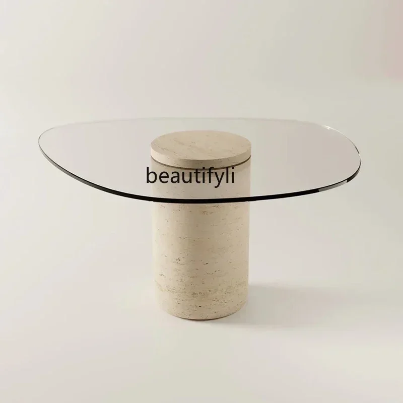 

02 Натуральный травертин, стеклянный диван для гостиной, креативный, журнальный столик, ваби-саби, маленький журнальный столик с кремовым ветром 4567