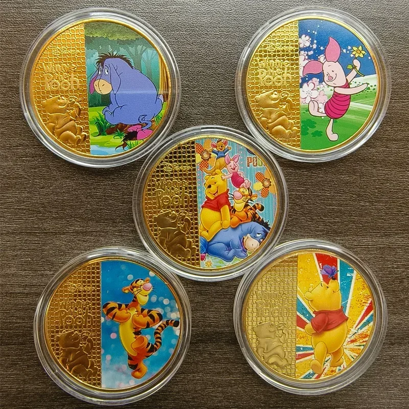 5pcs Disney cartoon metal Commemorative badge Winnie the pooh gold plated coin anime pin for kid's birthday gifts cute toys