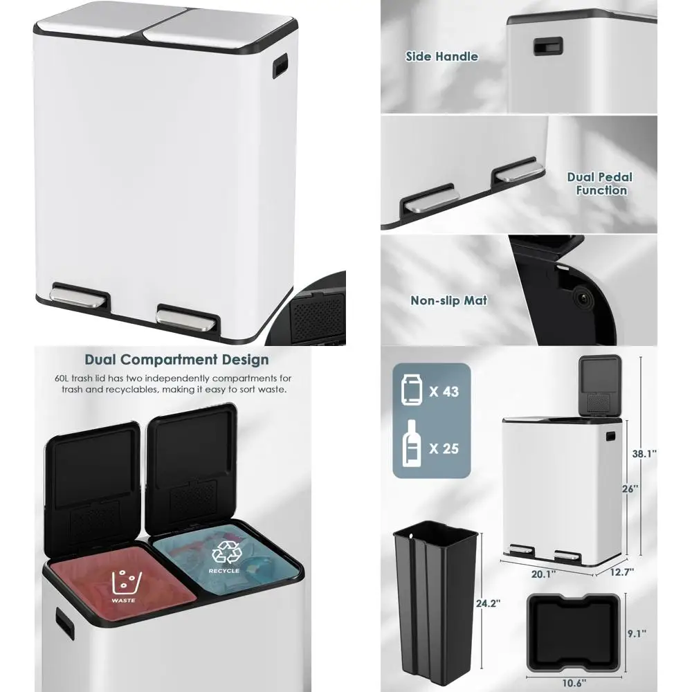 

Двойной 16-галлонный мусорный бак без помощи рук с контролем запаха и крышкой с мягким закрыванием для кухни и переработки потреб