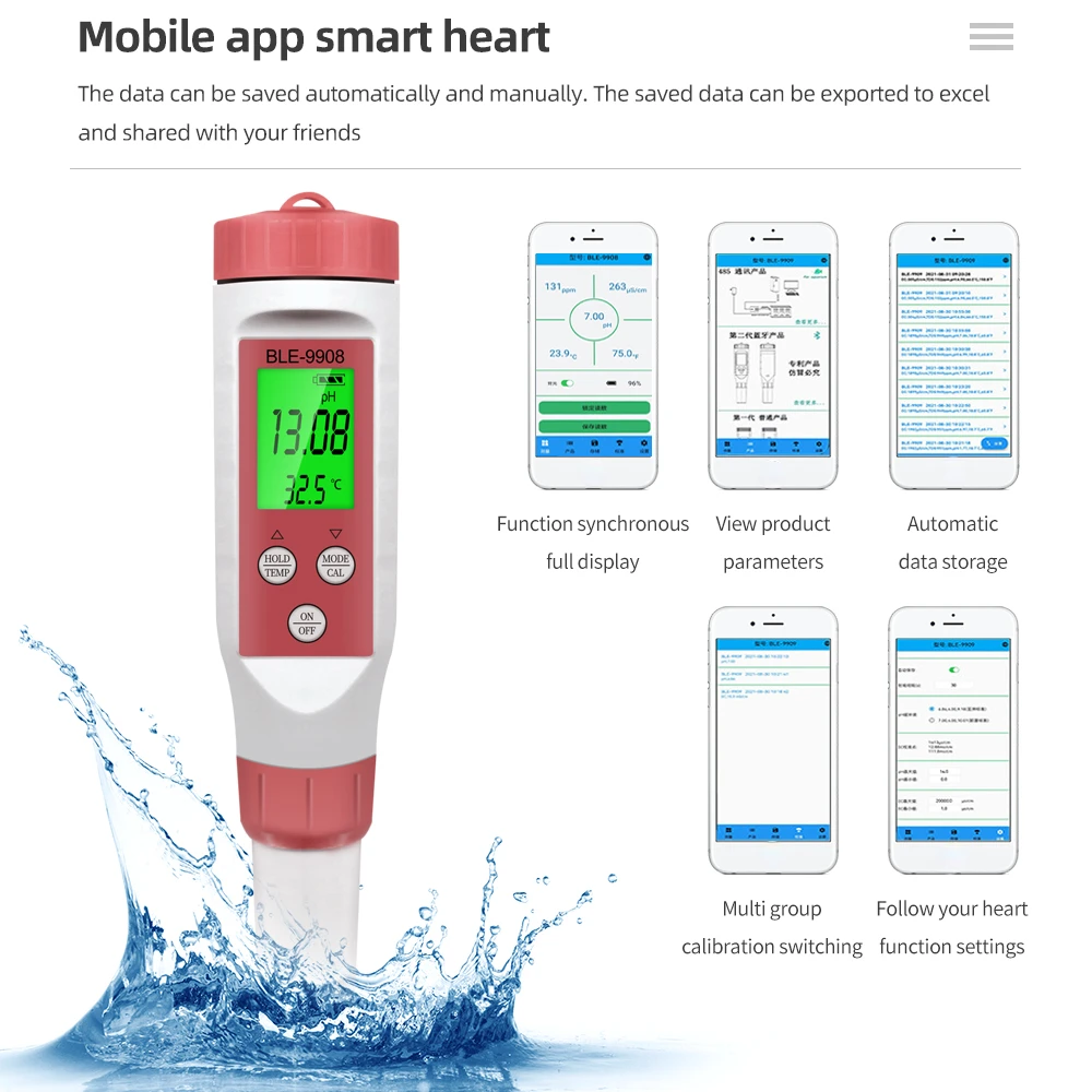 Bluetooth-compatible Ph Meter 4 in 1 PH EC TDS Temperature Meter Online APP Control Water Quality Tester for Hydroponic Aquarium