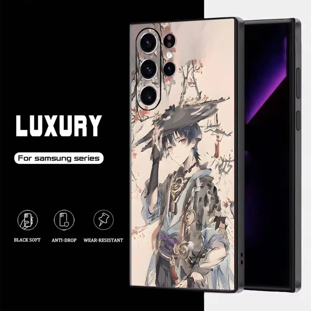 حافظة هاتف Genshin Impact Role لهاتف سامسونج S25، S24، S23، S22، S21، S20، S10، Ultra، Plus، Lite، FE، غطاء أسود من السيليكون الناعم