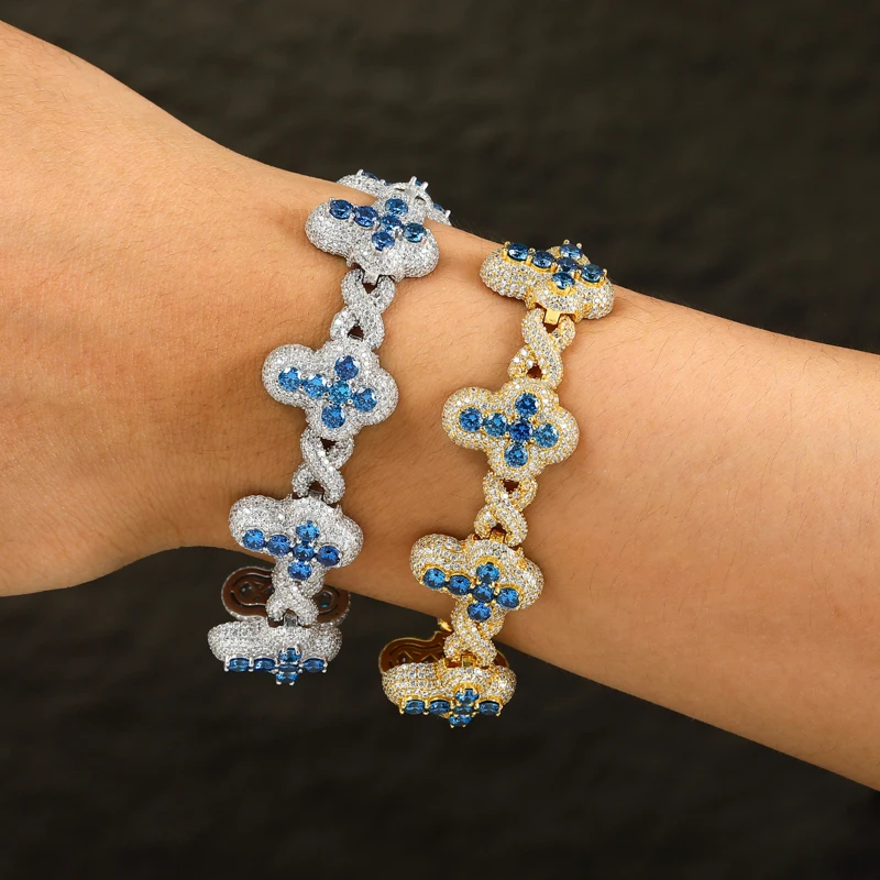 TUHE 925 Silver Infinity Cross Bracelet Iced Out Blue CZ Cuban Link Chain For Man Woman Hip Hop Jewelry Party Gift - view 5