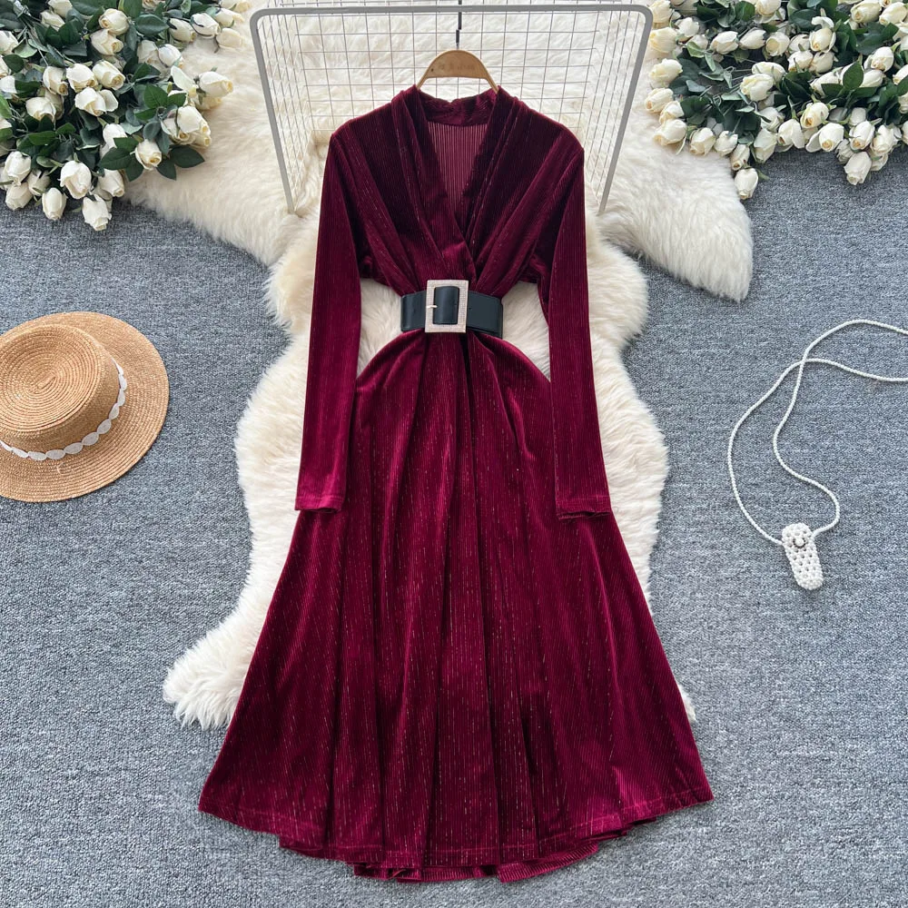 

Velvet Long Dress Women Gown Dresses A Line Vestidos High Waist Y2k Streetwear V Neck Elegant Splice Party Night Work Slim Fit