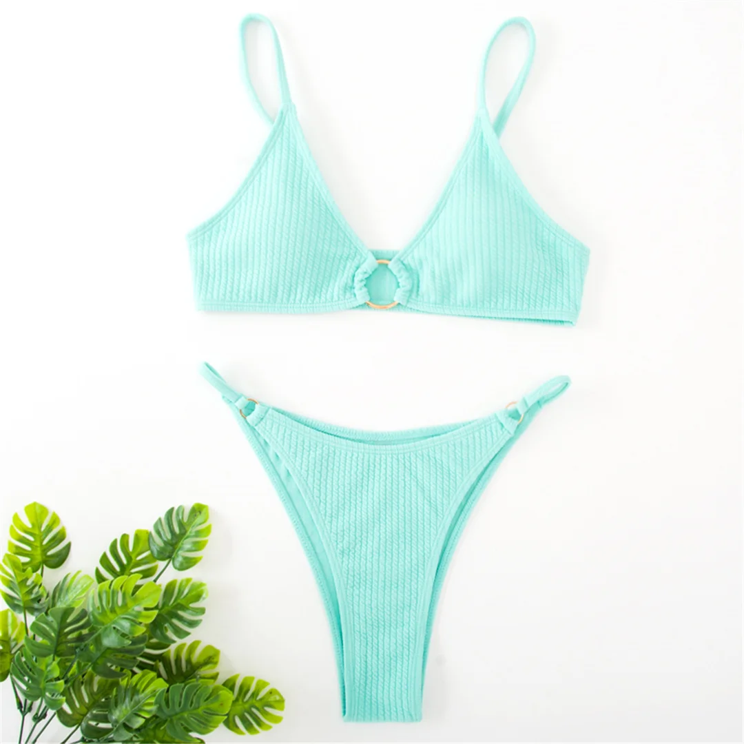 Gerippter Metallring-Bikini, zweiteiliger Damen-Badeanzug, Damen-Badebekleidung, hoch geschnittene Beine, gepolsterter Badeanzug, Badeanzug, Schwimmkleidung V7120 – Detail 17