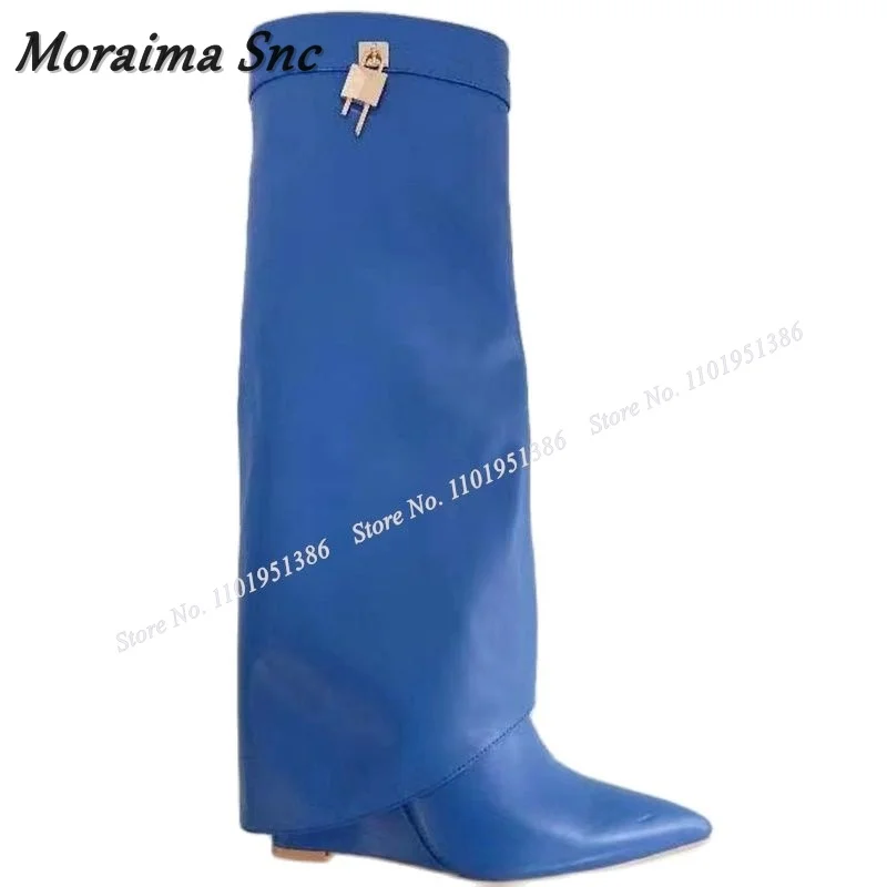 

Moraima Snc Blue Lcok Decor Shark Boots Slip on Solid Knee High Boots Pointed Toe Shoes for Women High Heels Zapatillas Mujer