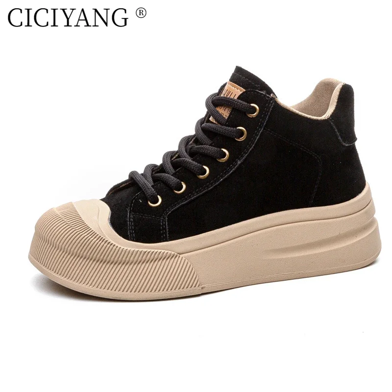 

CICIYANG High-top Shoes for Women Cow Suede 2025 Spring New Casual Board Shoes Female Large-size 35-43 Thick-soled Sneakers