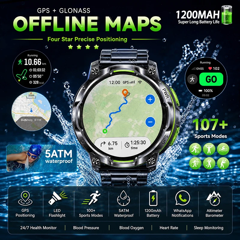 NEW Men's GPS Map Offline Smartwatch 1200mAh Battery 5ATM Waterproof Compass Flashlight Sports Bluetooth Call Smart Watches 2026