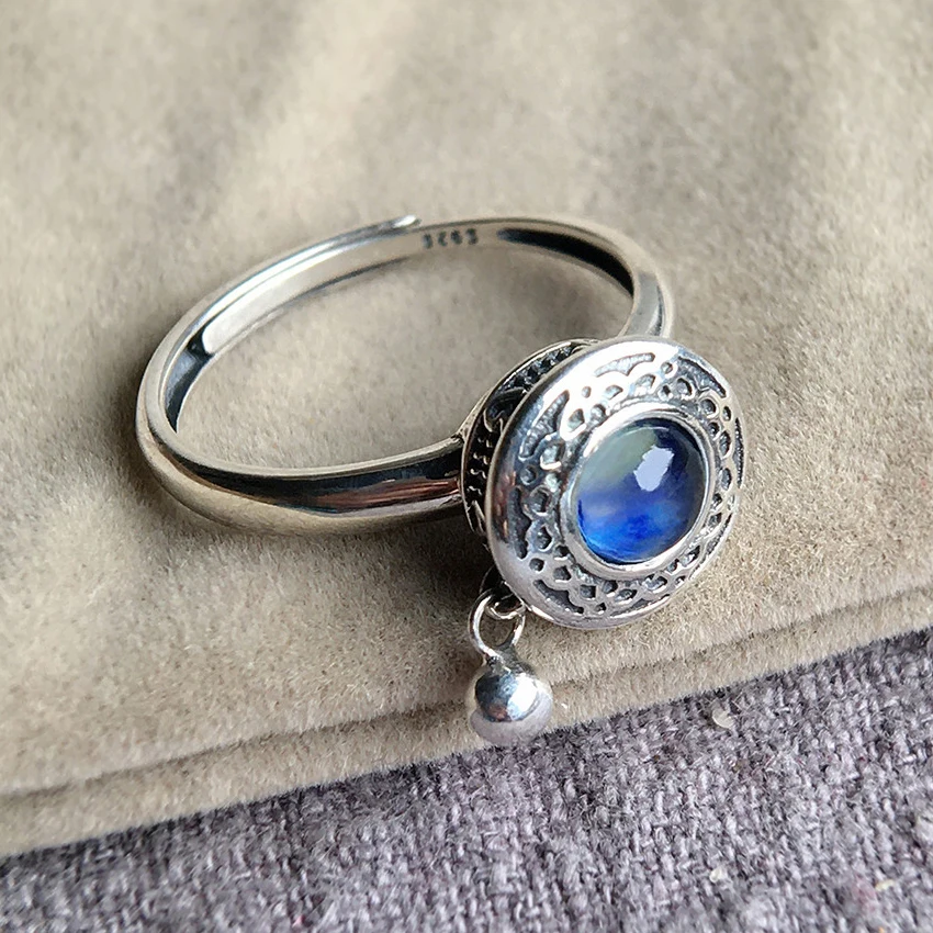 

925 Sterling Silver inlaid with natural aquamarine open women's six-character True-saying Classic cylinder wheel ring