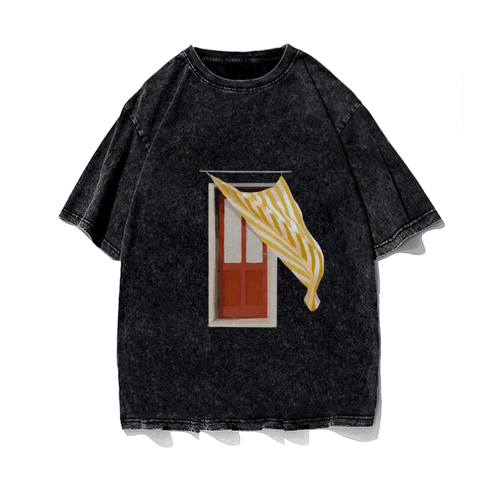 グラフィック Tシャツ ウィンドウカーテン Tシャツ 綿 100% 高品質 オーバーサイズ ウォッシュド Tシャツ イエロー カーテン プリント アーティスティック Y2K バイブ