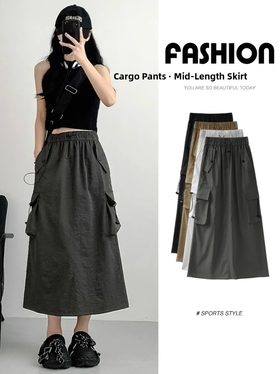 

High Waist A-Line Skirt with ket for Women Spring Autumn plus Size Vintage Hong Kong Sle Workwear Slimming Midi Skirt