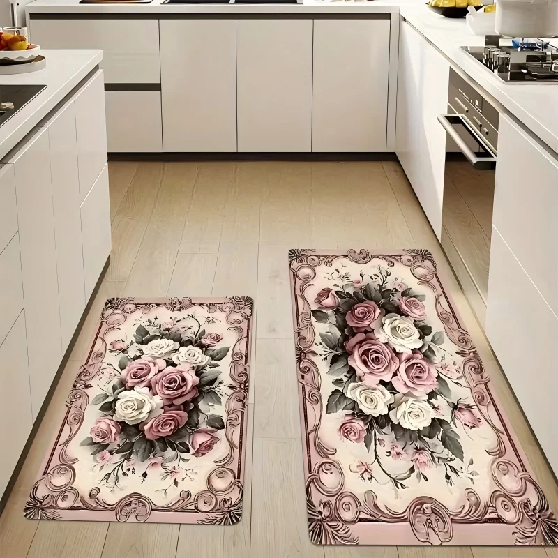 Pink Rose Mat  Non-slip European Style Kitchen Mat Pink Rose Pattern Plant Flower Comfortable Standing Mat