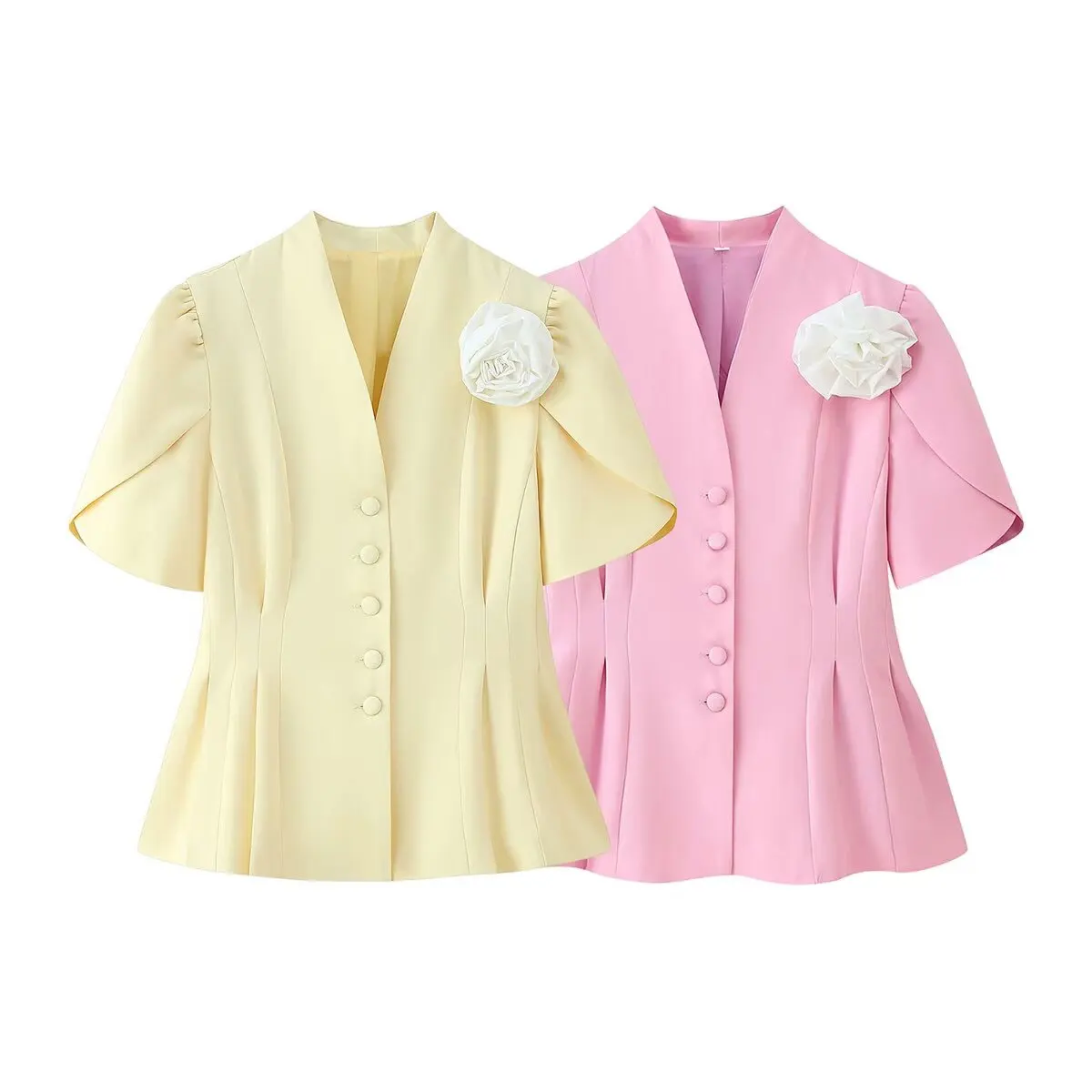 HH Elegant Solid Blazer For Women Autumn Short Sleeves Pleated V-neck Single-breasted 3D Flower Decoration Vintage Coats