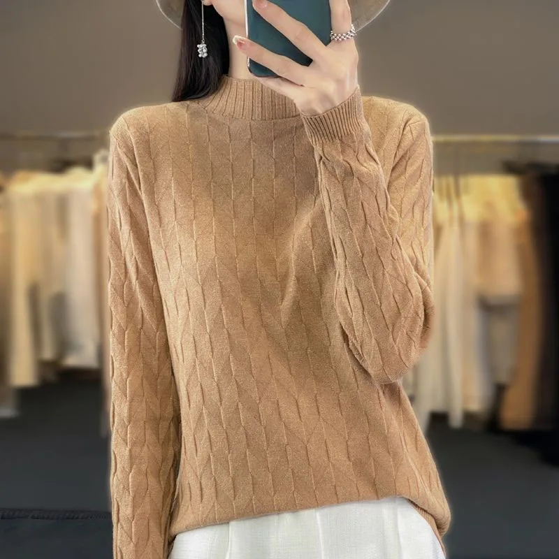 Autumn and Winter Fashion Lazy Style Solid Vintage Jacquard Half High Neck Loose Versatile Simple Slim Women\'s Knitted Sweater