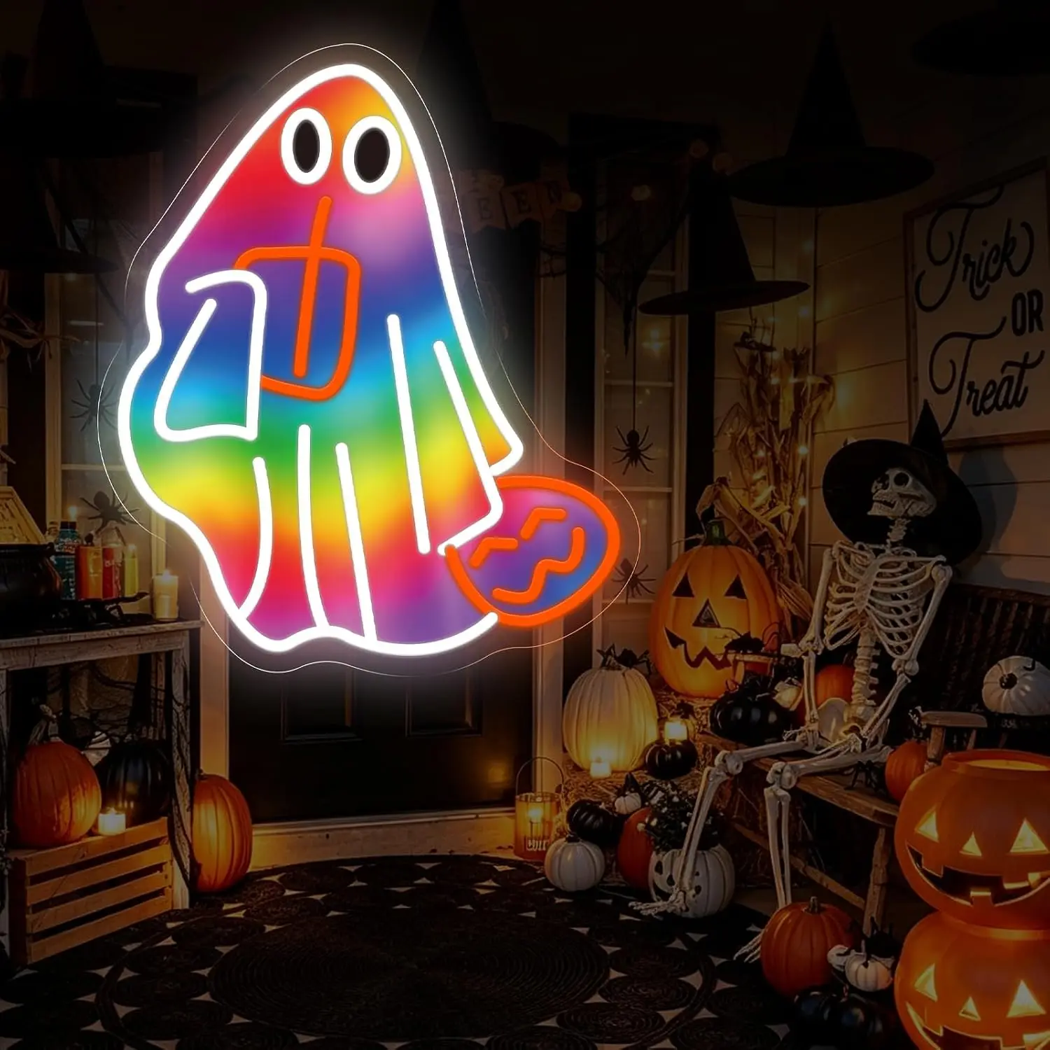 Rainbow Ghost Pumpkin Bucket Neon Sign LED Light, Halloween Wall Neon Light Decor, Spooky Party Bedroom Bar Art Decoration Gift