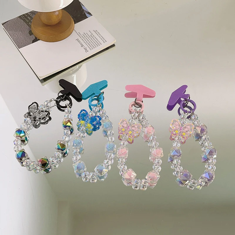 Anti Loss Mobile Phone Strap Wrist Chain Clear Beaded Butterfly Phone Chain Universal Phone Case Lanyard Bag Decoration