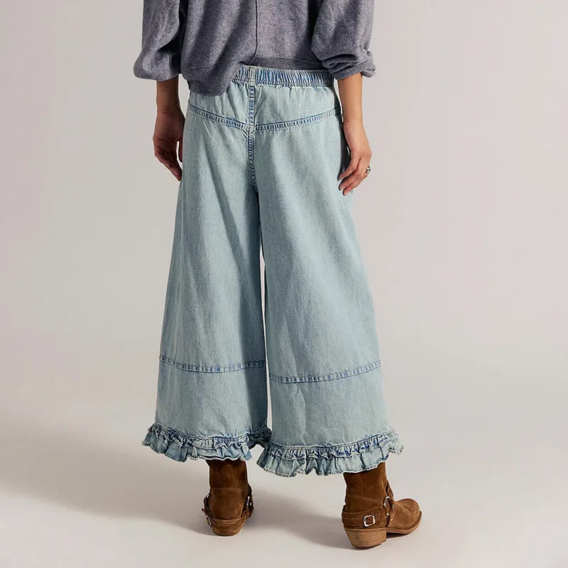 ANJY 2026 Spring Autumn New Women Tide Punk Washed Lace Mid-Waist Straight Jeans Vintage Calf-Length Cropped Denim Pants A20190