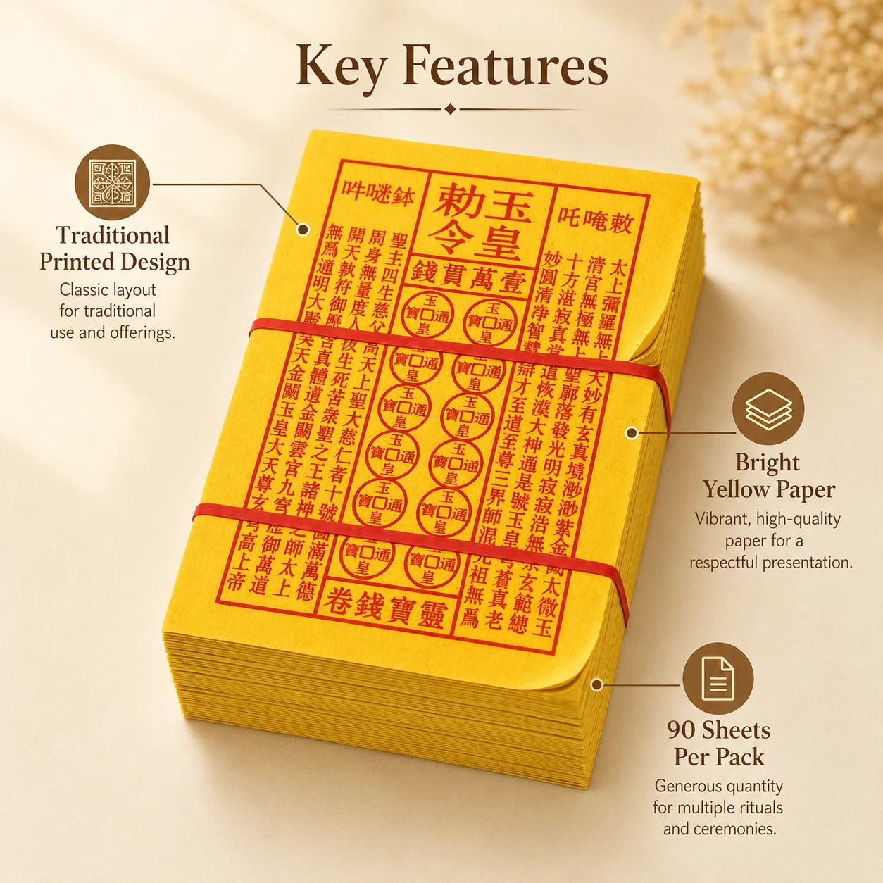 Yellow Joss Paper 90 Sheets 13x19cm Ritual Paper Money Ancestor Offering Paper for Memorial Worship Festival Supplies