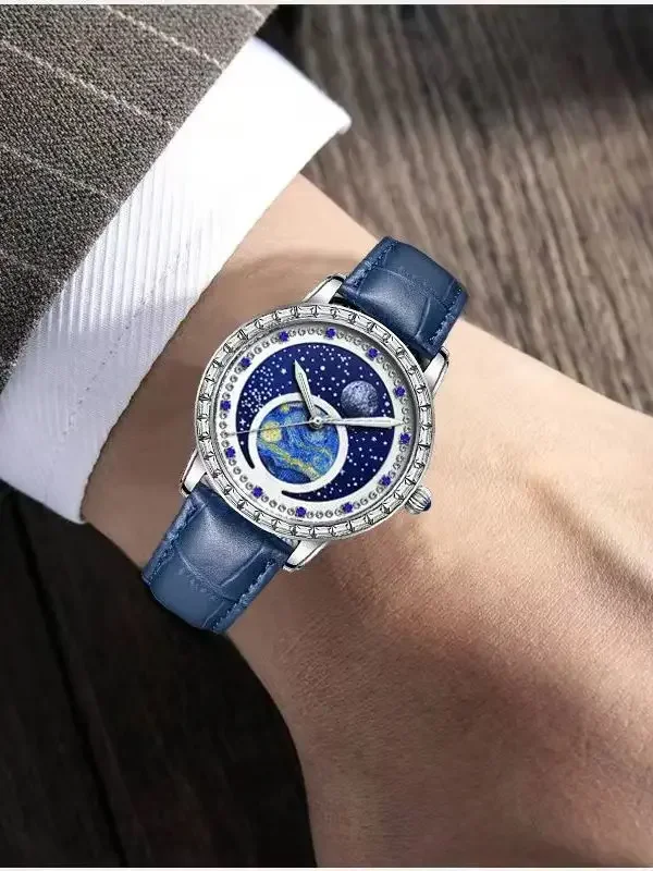 Luxury men\'s quartz watch, waterproof luminous oil painting starry sky dial, multifunctional watch