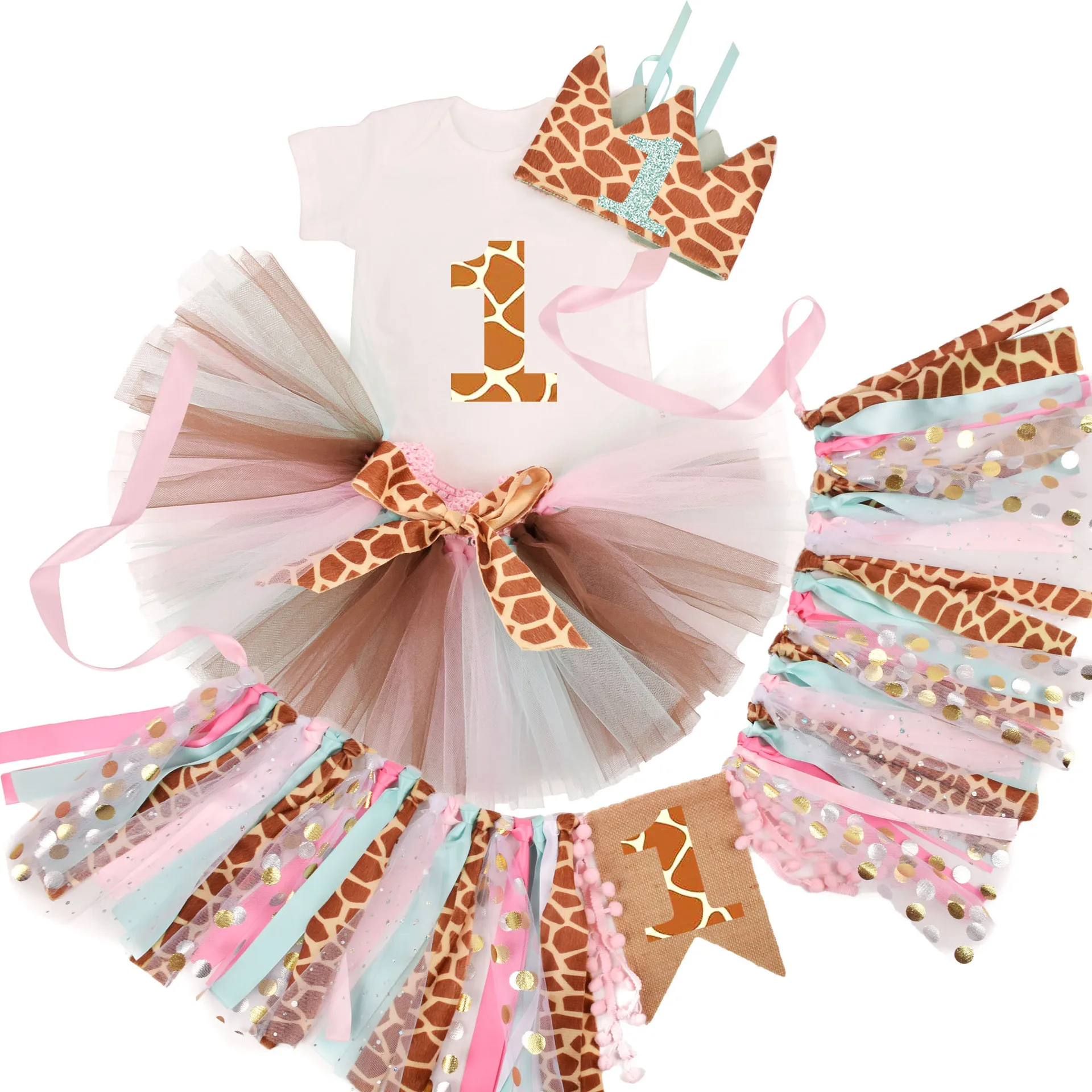 1 anno ragazza giraffa compleanno vestito vestito neonate giraffa selvaggia prima festa di compleanno Tutu Set seggiolone Banner