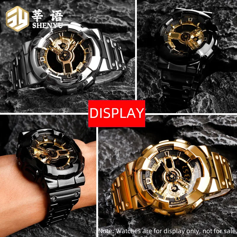 For Casio G-SHOCK GA-110GB/GA100/GA120 Black Warrior mod set with solid SS metal watch chain, strap & case