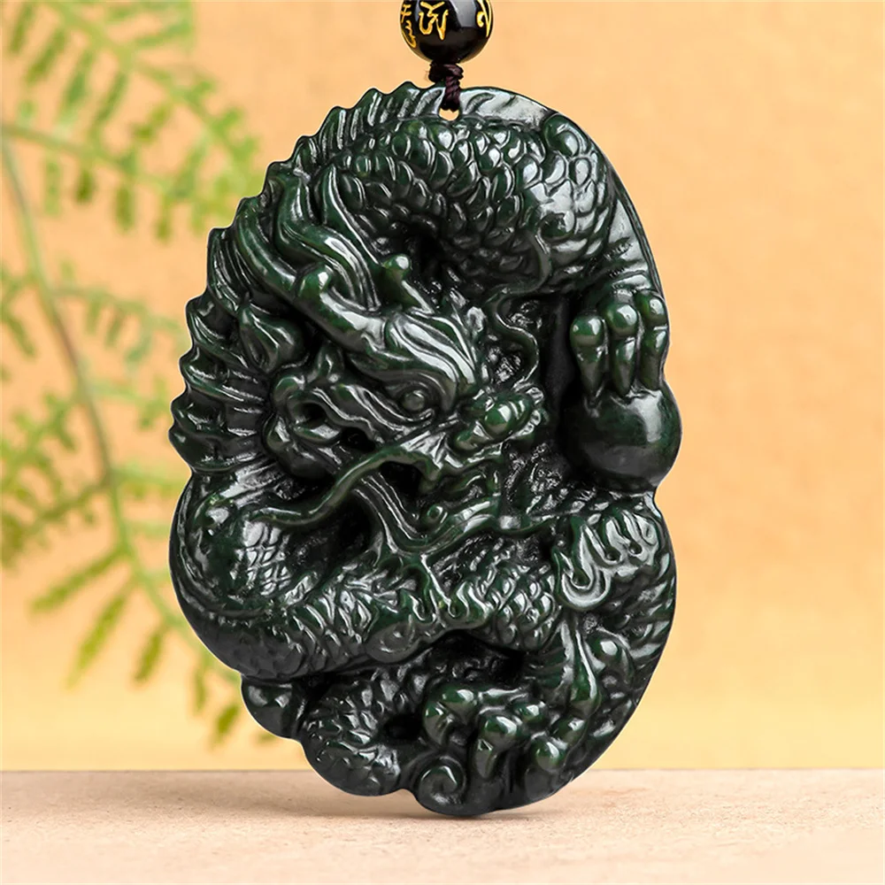 Charm Natural Black HeTian Jade Carved Ancient Hoverd Dragon Lucky Pendant Amulet Necklace Certificate Luxury Jade Jewelry Gift