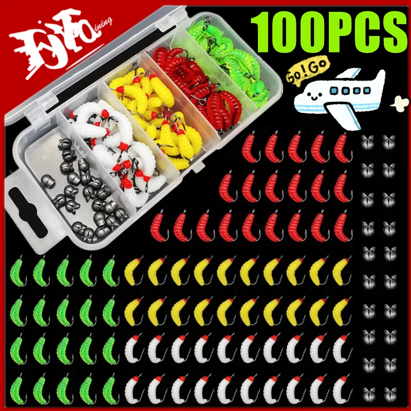 100PCS/Set Maggot Fly Fishing Wet Trout Flies Worm With Hook Bait and Bite Lead for Trout Perch Bass Fishing Fly Insect Lure Kit