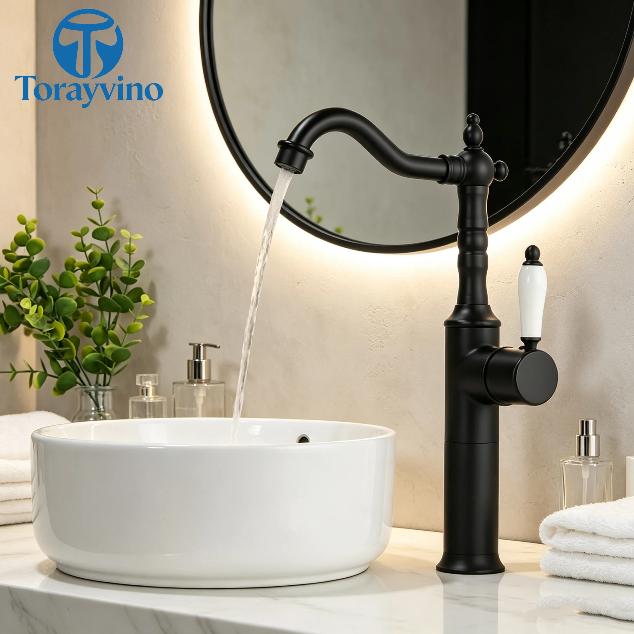 Torayvino Luxury Gold Black Bathroom Basin Faucet Brass Single Handle 360 Swivel Sink Faucets Hot Water Mixer Tap For Kitchen