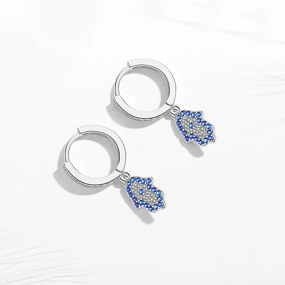 Kaletine 925 Sterling Silver Hamsa Hand Drop Earrings for Women Blue Eye Lucky Turkish Earring Cubic Zircon Fashion Jewelry