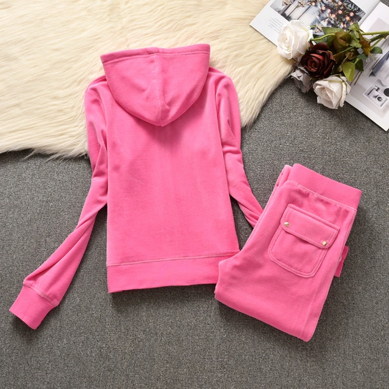 Velvet Tracksuit Women\'s Hooded Jacket and Pants Suit Spring Autumn Long Sleeve Velours Sportswear Two Piece Set