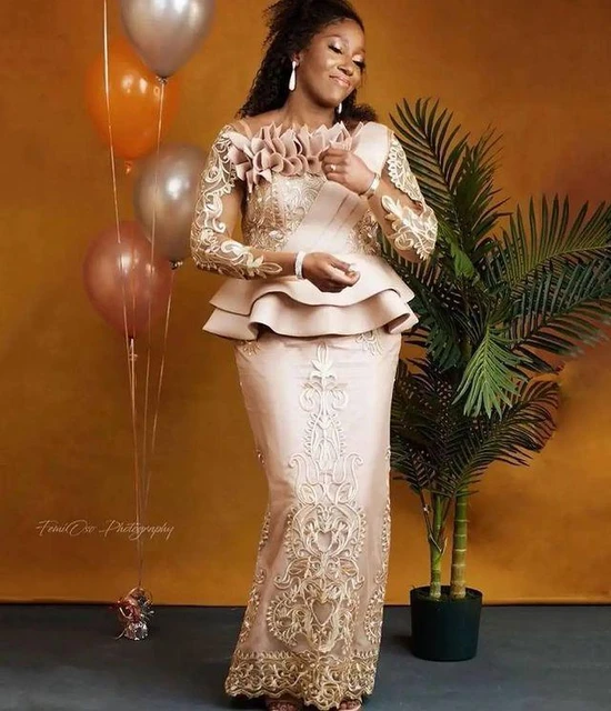 Champagne Mermaid Mother Of the Bride Dresses with Long Sleeve Lace Peplum  Aso Ebi African Mother Groom Gown Plus Size - AliExpress