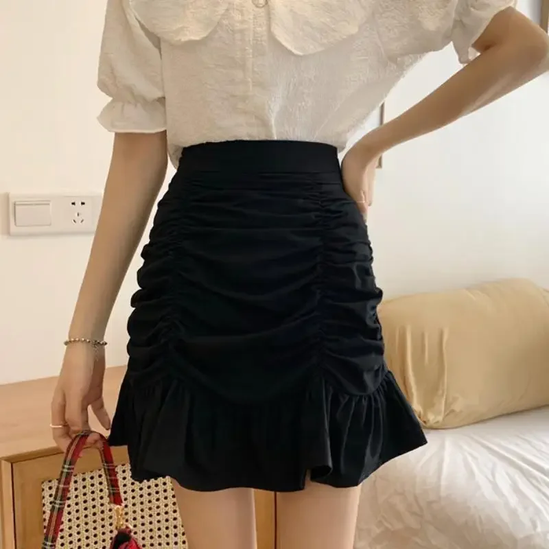 Y2k Women Solid A-line Summer Mini Hem Ruffles New Chic Ruched All-match High Waist Hot Selling Lovely Girls Elegant Pantalon