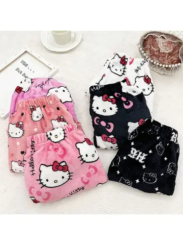 Halloween Cartoon Hello Kitty Flannel Pajamas Women's Autumn and Winter Plus Velvet Warm Casual Home Graffiti Pants